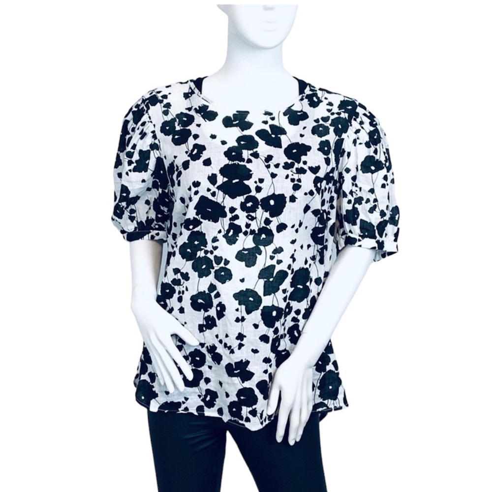 Worthington | Black and White Floral Puff Sleeve Linen Blend Top